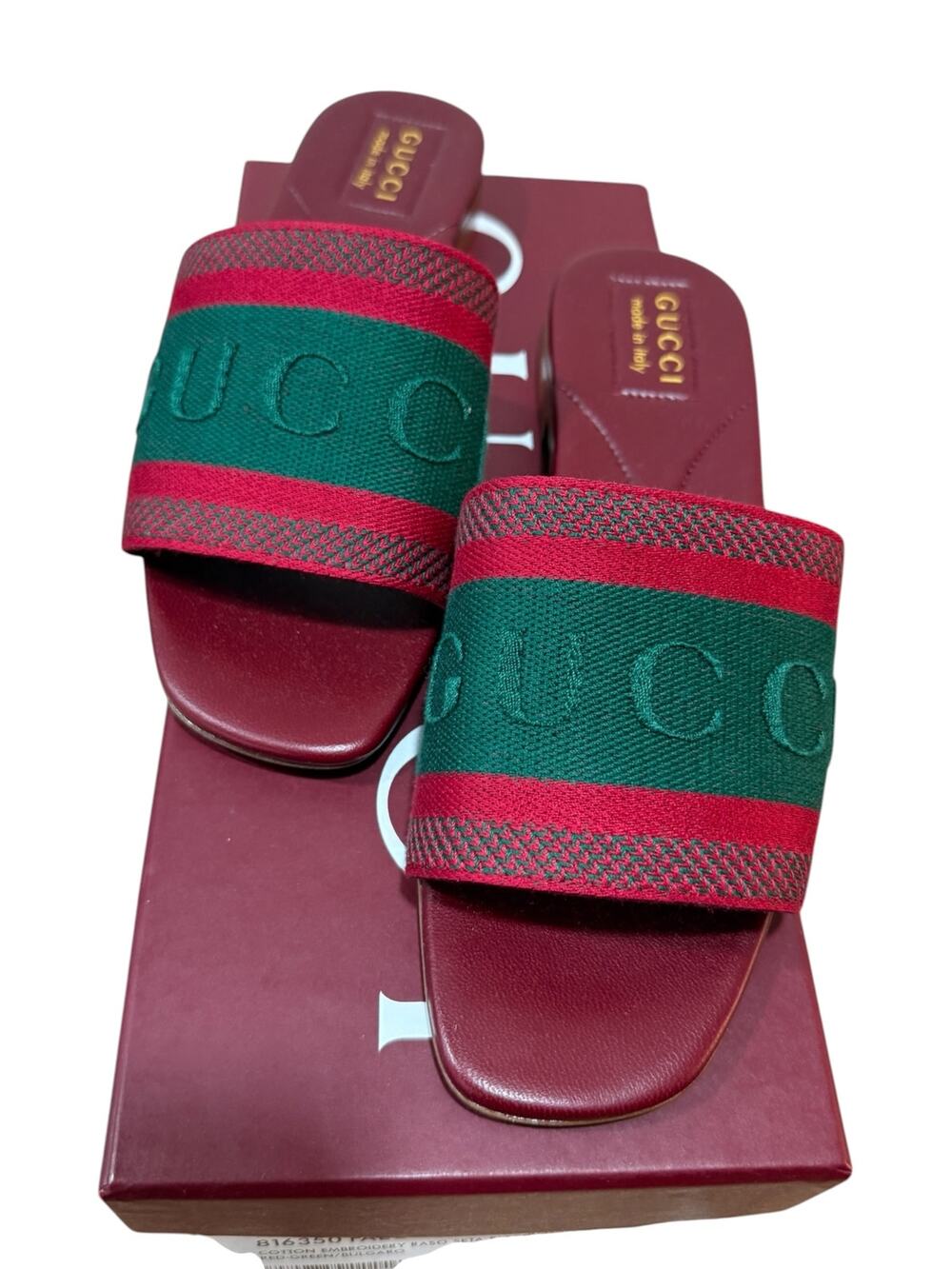 Gucci Logo Web Slide Sandals Burgundy Green Red Canvas Leather NIB EU 37